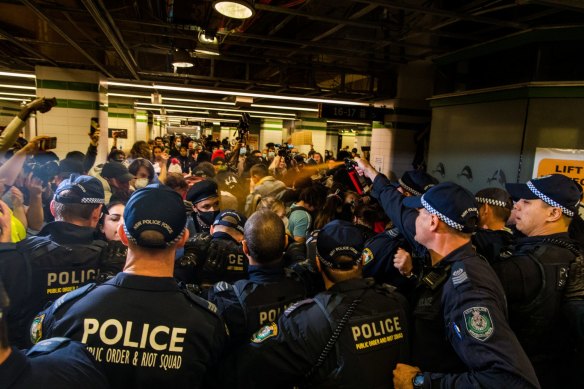 Up to 100 protesters in Central Station were hit with pepper spray, after the main march in Sydney dispersed.