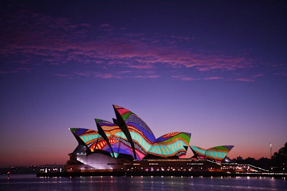 Indigenous art projected onto the Sydney Opera House on Australia Day 2021.