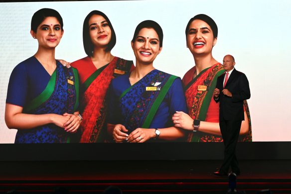 Campbell Wilson, chief executive officer of Air India, speaks during an unveiling event for the carrier’s rebranded look in New Delhi last year.