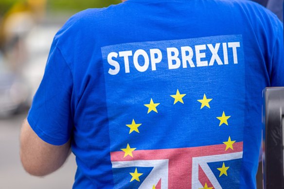 A pro-European campaigner wears a “Stop Brexit” in London in June.