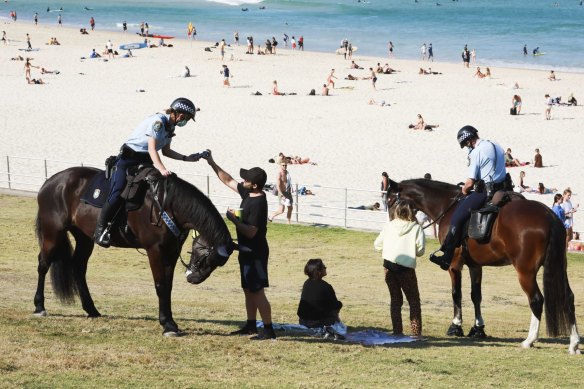 Police patrolled Bondi Beach during lockdown to prevent breaches of restrictions. 