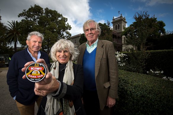 Annie Folk and her brothers Dougal Ramsay (left) and Fergus Ramsay, grandchildren of William Ramsay, who founded Kiwi shoe polish with Hamilton McKellan in 1906. Pictured outside Clydebank, the former Ramsay mansion in Essendon.