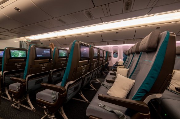 Economy seats are in a 3-4-3 layout.