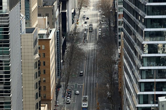 A near-empty William Street in Melbourne's CBD.