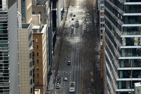 A near-empty William Street in Melbourne's CBD.