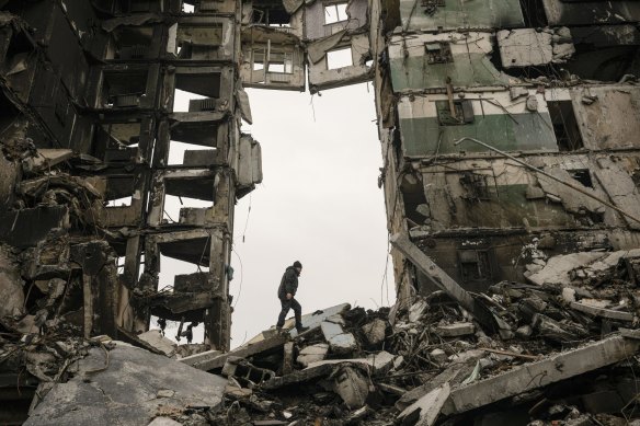 The wreckage of an apartment building in Borodyanka, near Kyiv, where as many as 200 people had been feared dead.