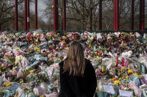 Flowers placed in tribute to Sarah Everard on Clapham Common in London in 2021.