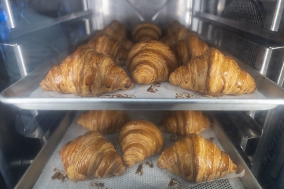 Croissants in an oven, possibly as tasty as the one I ate.