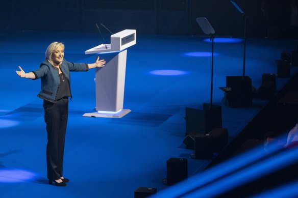 Marine Le Pen at a European election campaign rally for the far-right party, Rassemblement National.