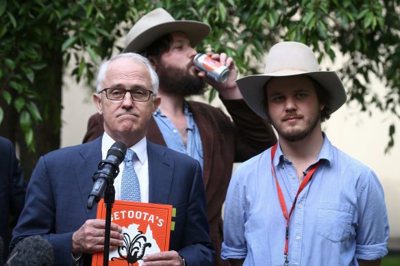 Overell and Parker with Malcolm Turnbull at Parliament House in October 2017. The then-PM’s office reached out to the pair to launch their book Betoota’s Australia. “We were like, ‘Why?’“, says Parker.