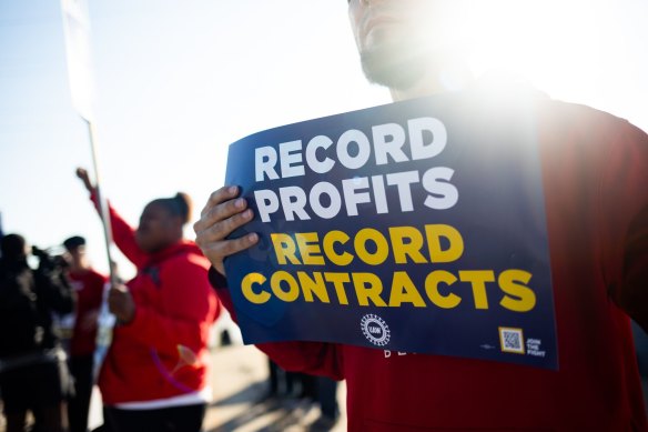 United Auto Workers members on a picket line outside a Ford Motor assembly plant in Wayne, Michigan.