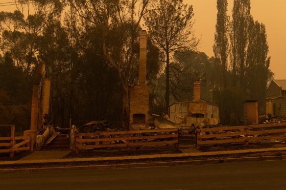 The main street of Cobargo on 1 January, 2020, the day after the town was destroyed by bushfires.