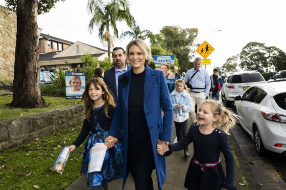 Liberal candidate Katherine Deves casts her vote at St Kieran’s Catholic Church Hall in Manly Vale. 