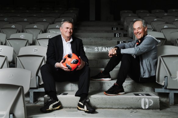 Chris Gardiner, CEO of the failed A-League Southern Expansion bid, and Morris Iemma, chairman, at Kogarah's Jubilee Stadium.
