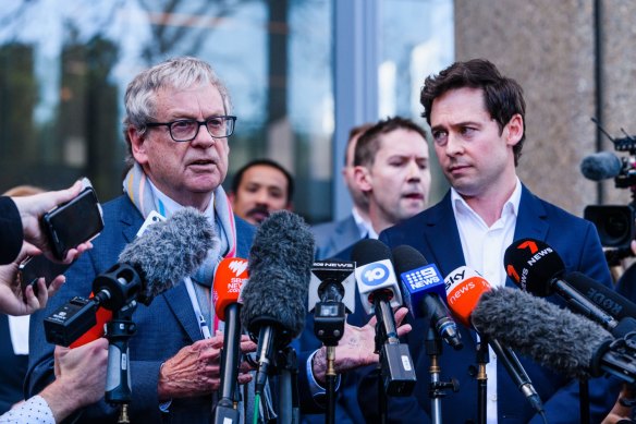Journalists Nick McKenzie and Chris Masters address the media last Thursday, after Ben Roberts-Smith lost his defamation case.