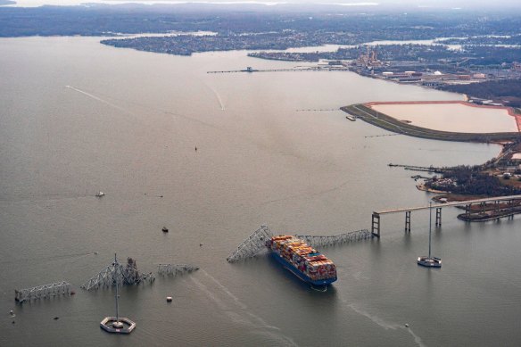 The Dali container vessel after striking the Francis Scott Key Bridge that collapsed into the Patapsco River in Baltimore.