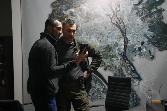 Kyiv mayor Vitali Klitschko (right) and his brother Wladimir Klitschko inside City Hall.