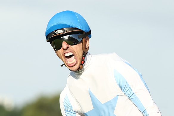 Ash Morgan celebrates victory on Private Harry in the Galaxy.