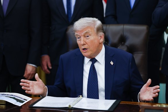 US President Donald Trump speaks during a healthcare affordability event in the Oval Office of the White House.