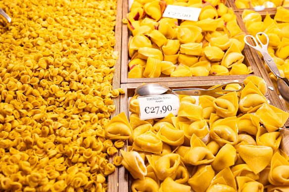 Handmade tortellini for sale at a food store in Italy. Inflation in the 21-country currency eurozone is above 3 per cent.