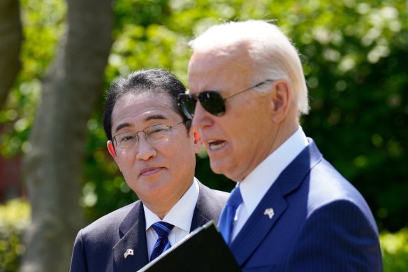 Fumio Kishida, Japan’s prime minister, left, and US President Joe Biden at a news conference during a state visit in Washington.