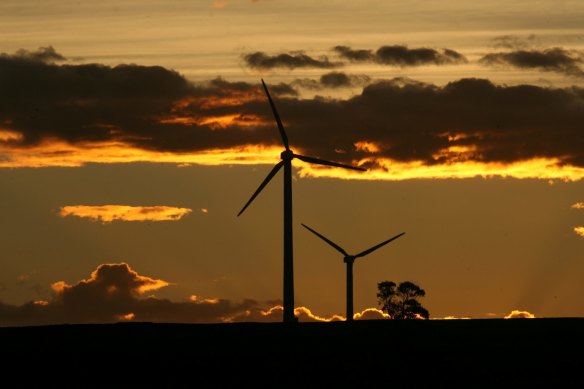 Windfarm at Crookwell near Goulburn in NSW. Renewable energy's share of the NEM is riding at record levels of about 25 per cent, pushing carbon emissions down in the power sector.