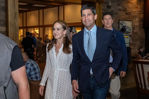 Fed Reserve chair Kevin Warsh and wife Jane Lauder at the Fed’s gathering in Jackson Hole, Wyoming.