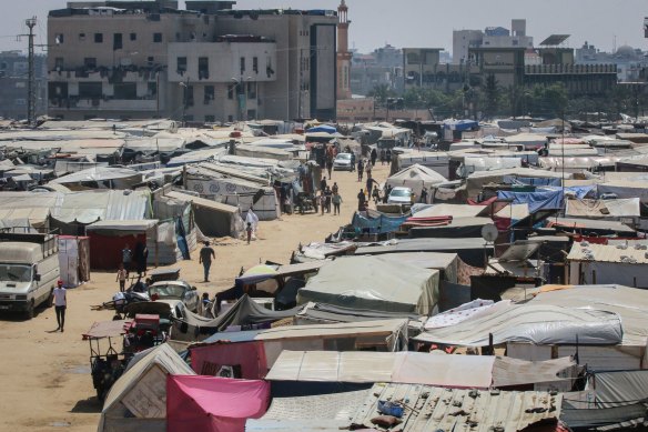 Makeshift tents for displaced Palestinians at a camp in Rafah, southern Gaza.