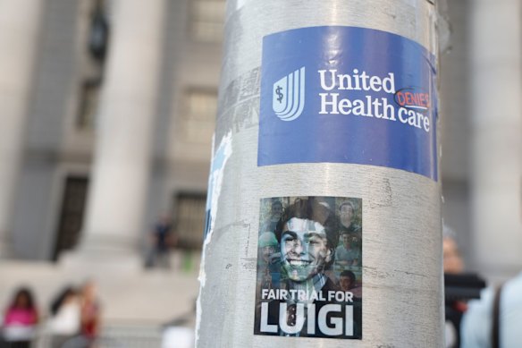 Stickers in support of Luigi Mangione outside New York City’s federal court on Friday.