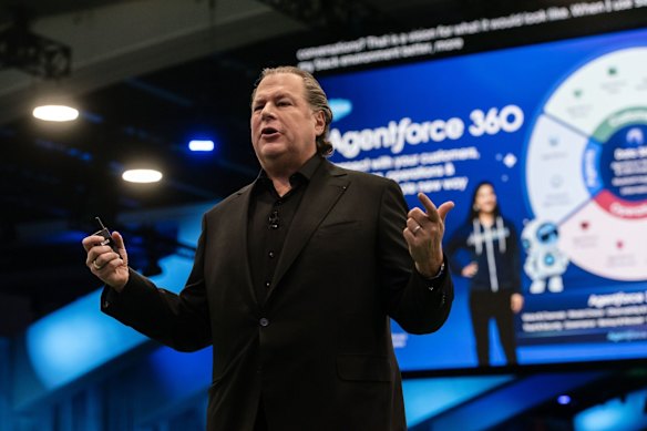 Marc Benioff, chief executive officer of Salesforce., speaks during the 2025 Dreamforce conference in San Francisco. 