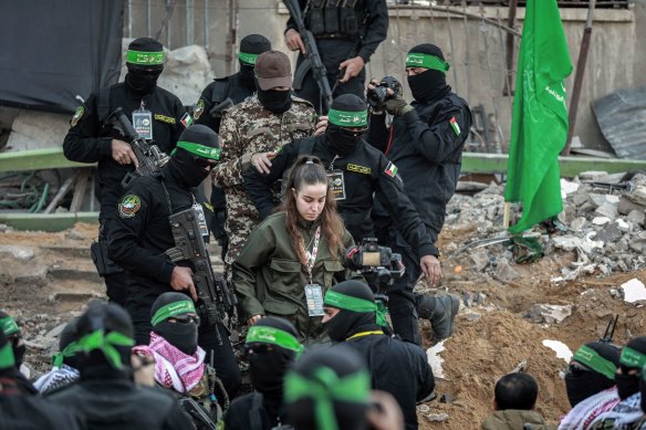 Israeli hostage Agam Berger, prior to her release by Hamas militants, as part of a prisoner exchange in Jabalia camp, northern Gaza.