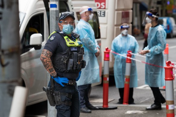 Authorities outside Melbourne’s Intercontinental Hotel in 2021.