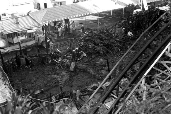 The devastation after the Ghost 
Train fire at Luna Park in Sydney in 1979.