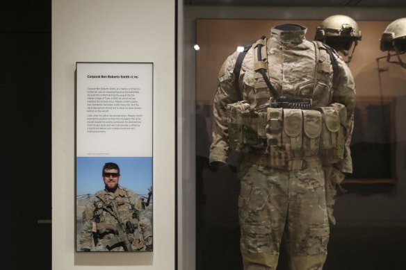 The uniform of former SAS soldier Ben Roberts-Smith, on display at the Australian War Memorial in Canberra.