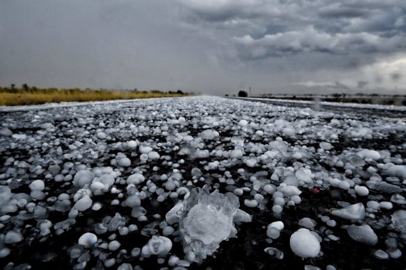 Giant hail North of Bourke during severe storm outbreak in September, 2021. 