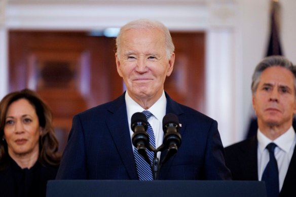 President Joe Biden, with Vice President Kamala Harris and Secretary of State Antony Blinken, announces details of the Gaza ceasefire deal.