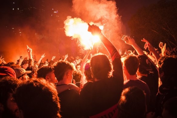 Flares are thrown at Federation Square ahead of Australia’s recent World Cup match against Argentina.