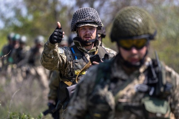 Ukrainian infantrymen on patrol in the south of the country.
