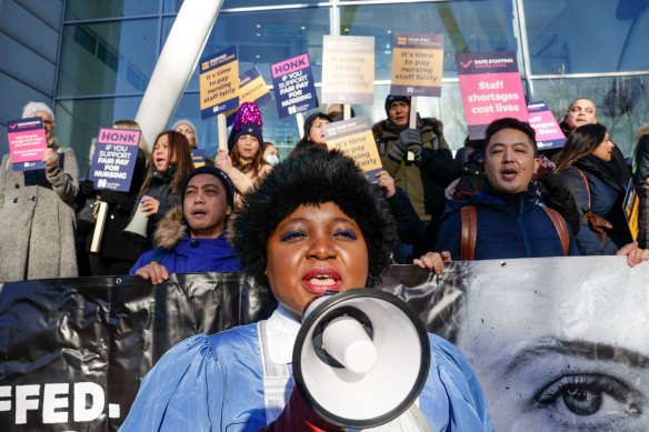 Striking nurses on a picket line outside University College London Hospital during strike action in London on Monday.