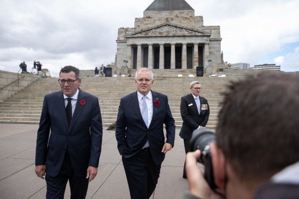 Victorian Premier Daniel Andrews and Prime Minister Scott Morrison at the Shrine of Remembrance today.