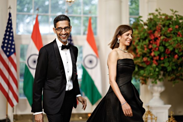 Alphabet CEO Sundar Pichai and his wife, Anjali Pichai, arrive for dinner.