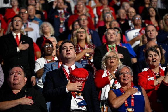 Delegates during the national anthem at the Republican National Convention.