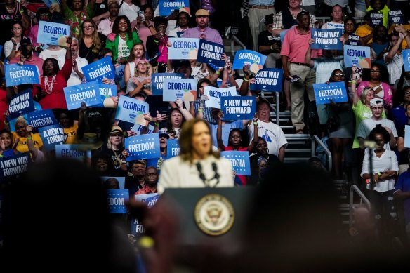 Kamala Harris (centre) during a campaign event in Savannah, Georgia last month.