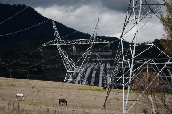 Transmission lines streaming from Snowy Hydro’s Tumut 3 power station. 
