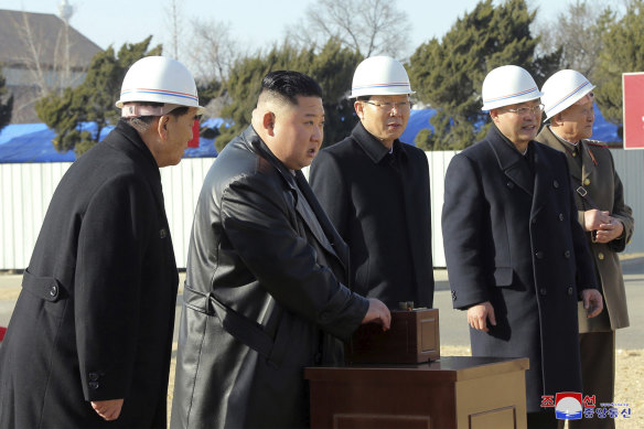 North Korean leader Kim Jong-un at the ground-breaking ceremony of a general hospital in Pyongyang.