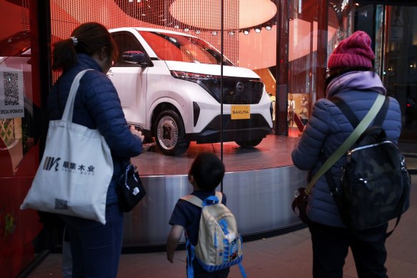 A Nissan electric vehicle displayed inside the company’s Ginza showroom in Tokyo.
