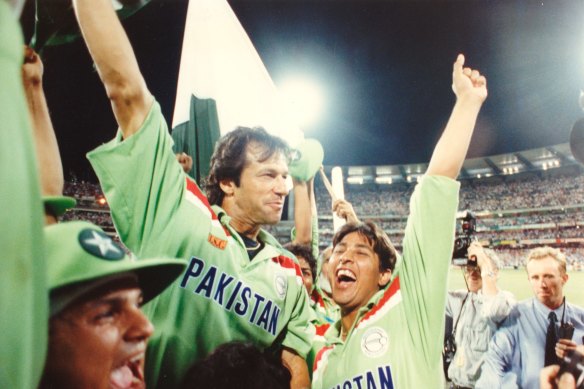 Like a tiger: Imran Khan, centre, celebrates with teammates after winning the 1992 World Cup.