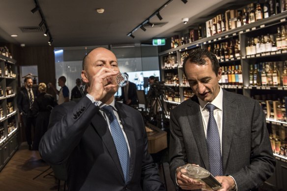 Josh Frydenberg with Liberal candidate for Wentworth Dave Sharma at World of Whisky in Double Bay in early April.