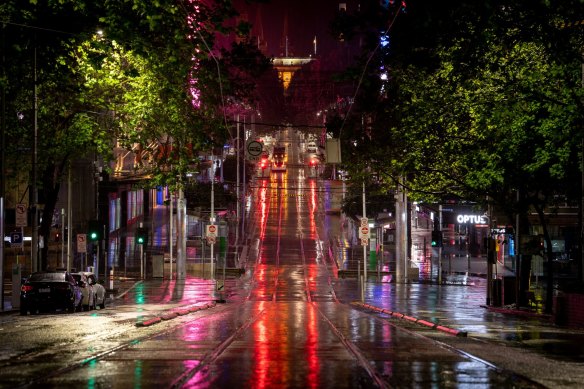 Empty Melbourne streets under lockdown and curfew in October 2021.