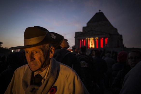 John Murphy pays his respects at the Anzac Day dawn service in 2022.